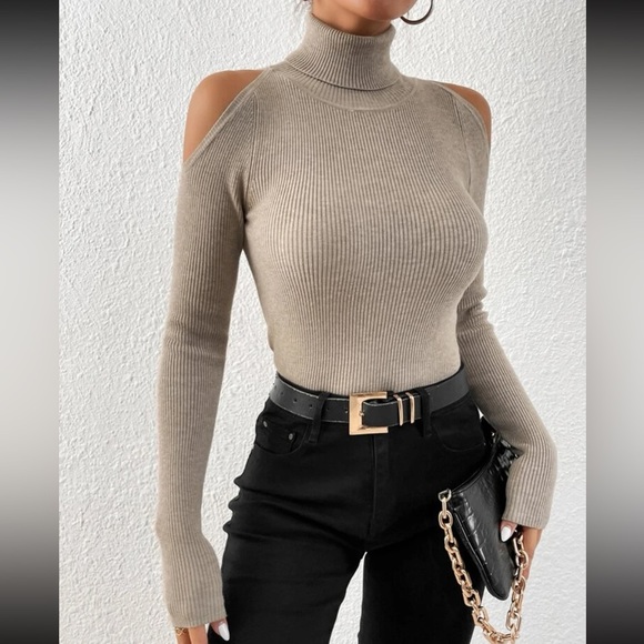Turtleneck Cold Shoulder Sweater - Picture 1 of 10